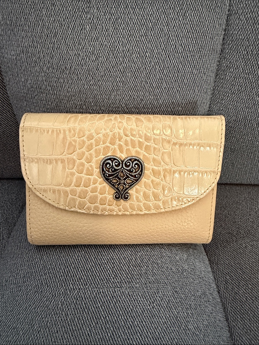 Brighton Croc-Texture Beige Women's Trifold Wallet with Decorative Heart Accent